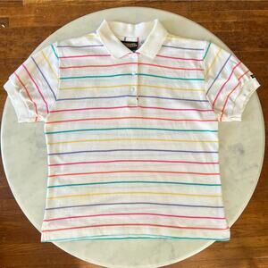Vintage 80s White and Rainbow Striped Short Sleeve Polo by Nuggets